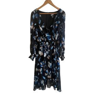DKNY Dress Size 14 Fit & Flare Floral High Low Hem 3/4 Sleeve Tie Waist